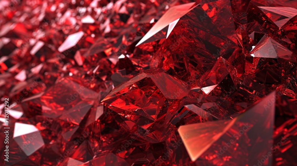 Aufkleber an abstract, faceted texture background in ruby red tones, resembling a 3d crystal surface.