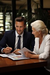 Financial advisor showing a presentation on a tablet to a mature couple, explaining different investment options, Generative AI