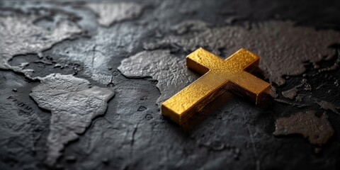 A three dimensional golden cross resting on a grey world map.