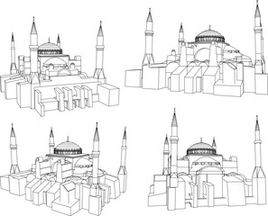 Vector sketch illustration mockup design of famous mosques in Türkiye - obrazy, fototapety, plakaty