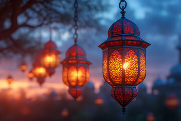 Fototapeta na wymiar Photo of lanterns in the afternoon with an aesthetic way, can be used for designs with Islamic themes or Ramadan and Eid Mubarak activities