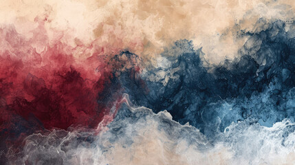 Abstract watercolor background on canvas with a dynamic mix of burgundy, navy blue and cream