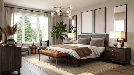 Light modern master bedroom interior with darkwood bed and dresser