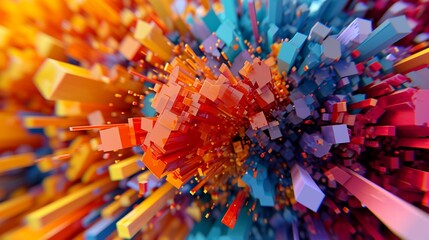 An explosion of colorful 3D geometric shapes, forming an abstract and energetic background.