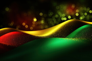 Black History Month Background, Abstract Red, Green, Yellow Colorful Waves with Glitter Sparkle Blur Bokeh - obrazy, fototapety, plakaty