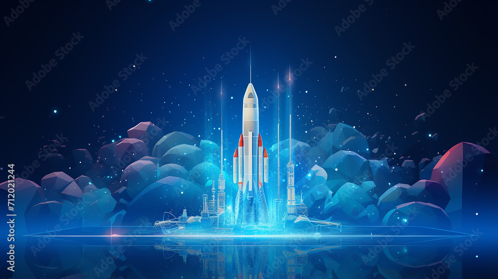 Wall mural abstract rocket launch. digital spaceship flying up