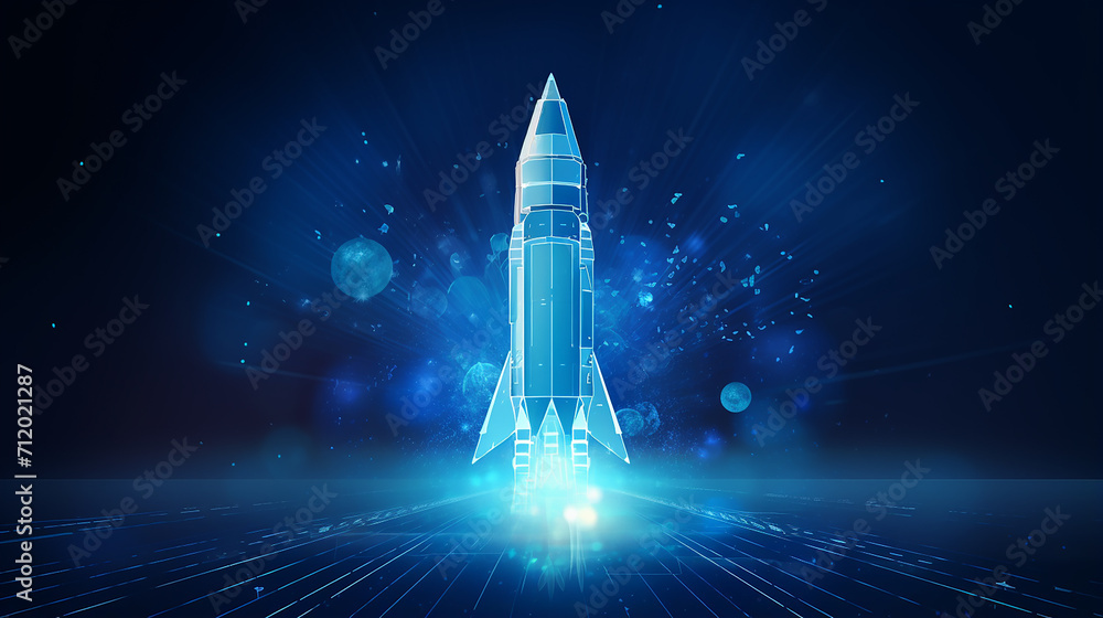 Wall mural abstract rocket launch. digital spaceship flying up