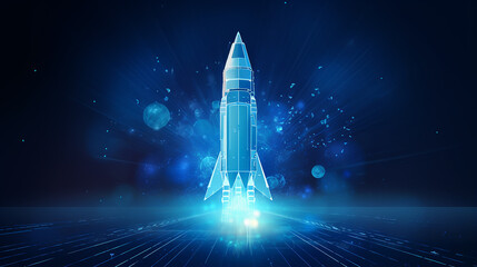 abstract rocket launch. digital spaceship flying up - obrazy, fototapety, plakaty
