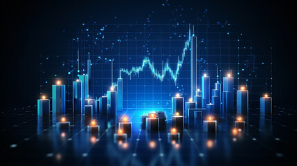 abstract stock market candlesticks and world map on technology blue background. Low poly wireframe