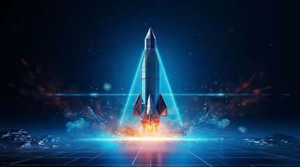 digital rocket launch into outer space. boosting and takeoff career concept. - obrazy, fototapety, plakaty