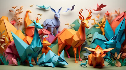 An origami-style artwork featuring a diverse array of animals living harmoniously in a natural landscape