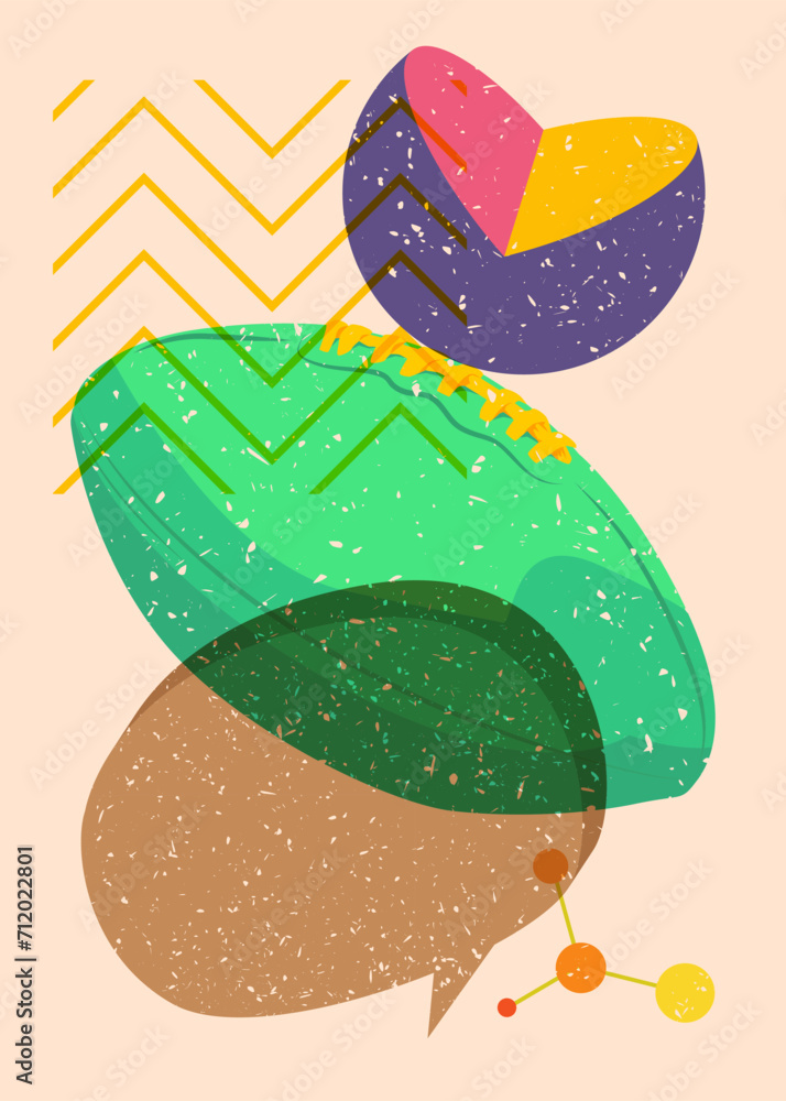 Poster risograph american football ball with speech bubble with geometric shapes. objects in trendy riso gr