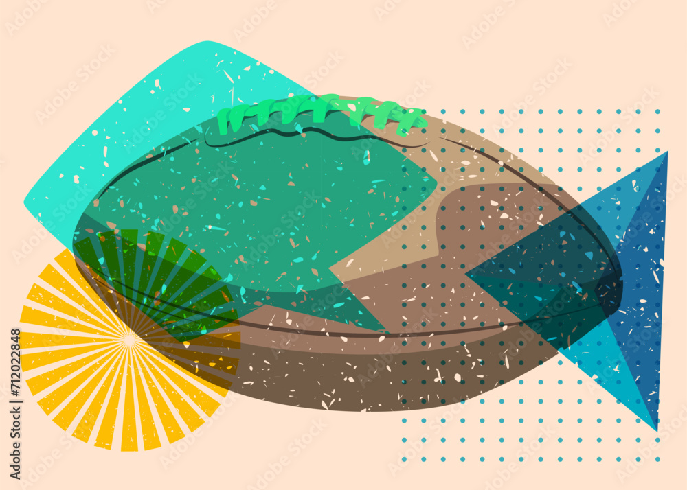 Poster risograph american football ball with speech bubble with geometric shapes. objects in trendy riso gr