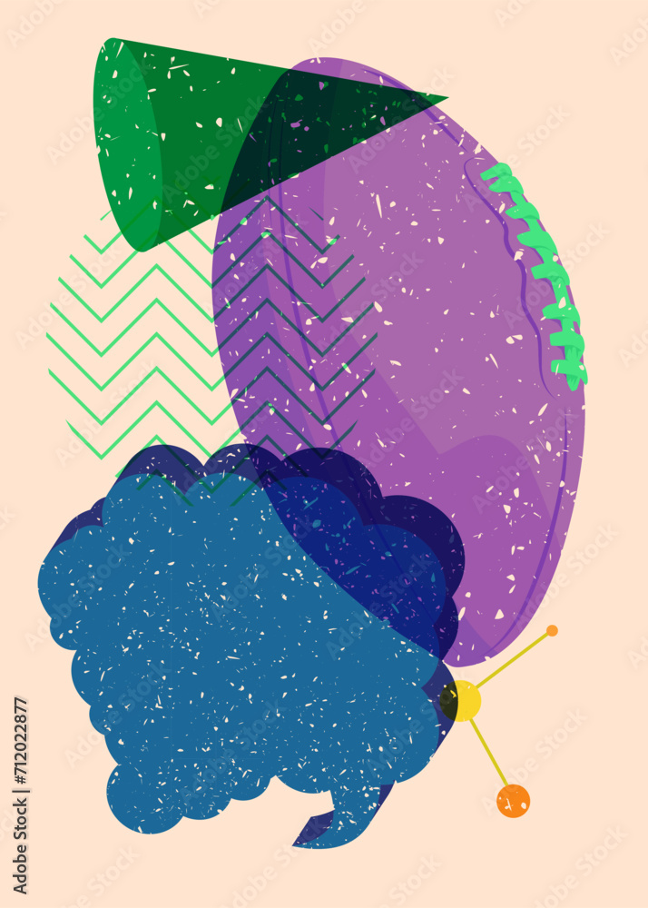 Poster risograph american football ball with speech bubble with geometric shapes. objects in trendy riso gr