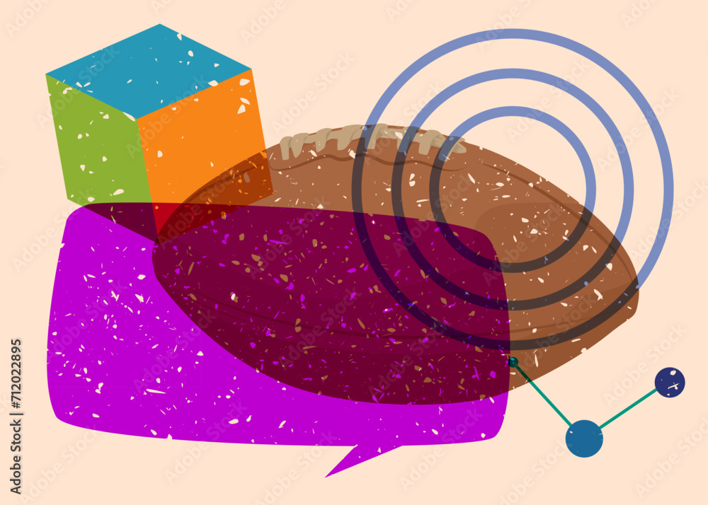Poster risograph american football ball with speech bubble with geometric shapes. objects in trendy riso gr