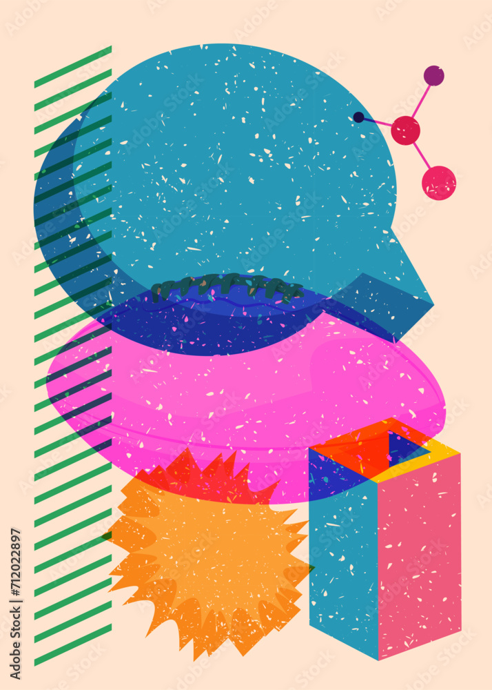 Poster risograph american football ball with speech bubble with geometric shapes. objects in trendy riso gr