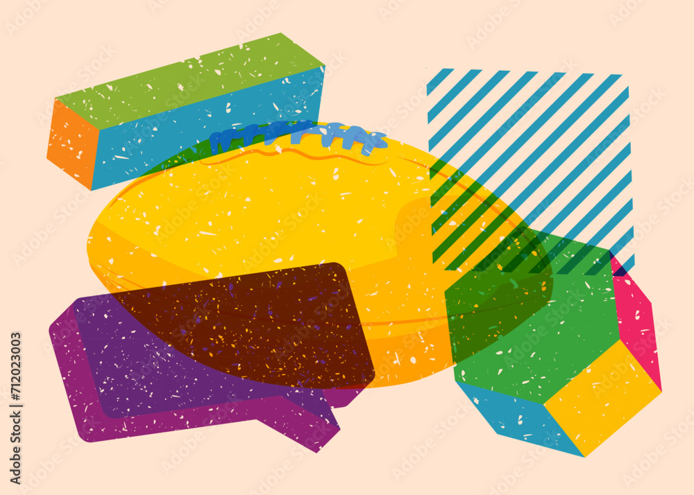 Poster risograph american football ball with speech bubble with geometric shapes. objects in trendy riso gr