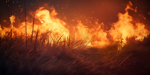fire in the forest, A terrible dangerous wild fire at night in a field, Burning dry straw grass, A large area of nature in flames, Generative AI