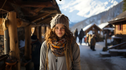 A smiling beautiful Ukuraina woman standing in front of a cottage in the Ukrainian mountains in the cold winter.
Generative AI