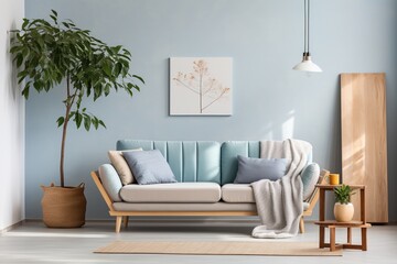 A Stylish Living Room With A Blue Sofa And A Tall Plant