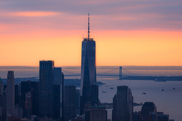 New York City Manhattan skyline with One World Trade Center Tower at sunset - obrazy, fototapety, plakaty