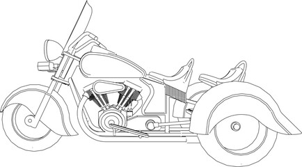 Vector sketch illustration of a large, three-wheeled, custom-modified motorbike