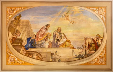  VICENZA, ITALY - NOVEMBER 7, 2023: The fresco of last communion of St. Lucia on the ceiling of church Chiesa di Santa Lucia by Rocco Pittaco (1862). © Renáta Sedmáková