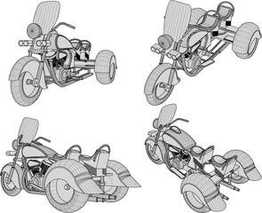 Vector sketch illustration of a large, three-wheeled, custom-modified motorbike
