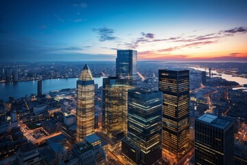 Financial cityscape at dusk, with illuminated buildings and a sense of prosperity, Generative AI