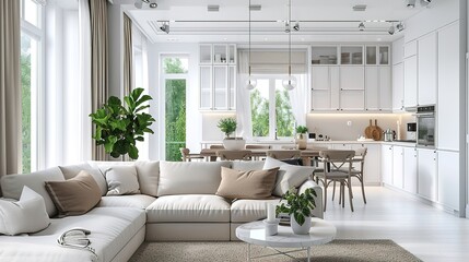 Luxurious interior design of white kitchen, dining room with windows and living room in one space 3D