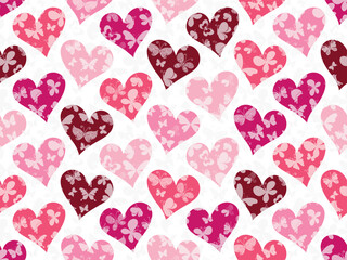 Vector seamless valentines pattern with rose hearts and white butterflies in doodle style on a transparent background
