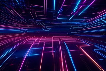 Neon glowing techno lines, hi-tech futuristic abstract background template with square shapes, vector design