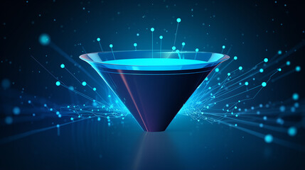 digital funnel and abstract data flow in techno blue background