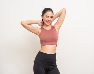 Fototapeta na wymiar Young beautiful smiling asian woman with sportswear on isolated white background. Portrait happy healthy slim fit and firm latin attractive sporty woman standing pose exercise workout in studio.