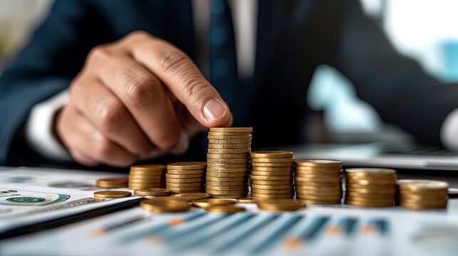 Businessman pointing at stacked coins. Business profit,  Finance concept.