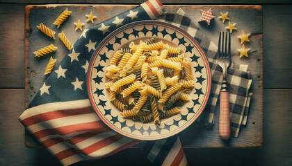 An image of pasta dish, styled with a Vintage Americana theme