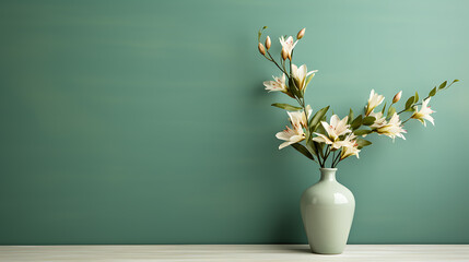 green color wall background with flower - obrazy, fototapety, plakaty