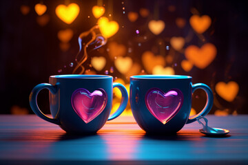 Stunning Coffee & Tea in Blue Cups with Hearts, Dark Magenta & Amber Style Image