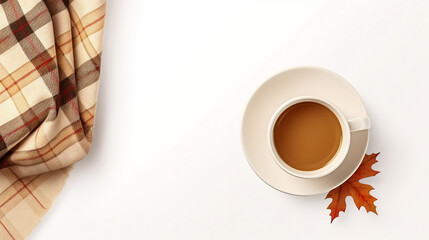 Obraz na płótnie Canvas Hygge Autumn Comfort: Plaid and Coffee on White Desk, Cozy Flat Lay Concept