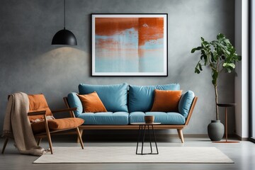 Blue and orange living room interior with a mid-century modern sofa and chair