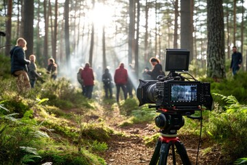 Behind the scenes of a film set with crew and equipment in a forest location.