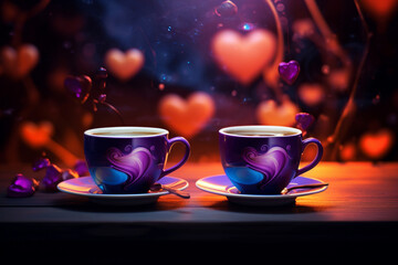 Fototapeta premium Stunning Coffee & Tea in Blue Cups with Hearts, Dark Magenta & Amber Style Image