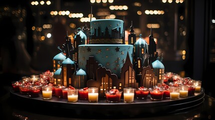 A superhero-themed birthday party with comic book-inspired decorations, cityscape backdrops, and guests dressed as their favorite heroes. The cake features superhero logos and action-packed scenes