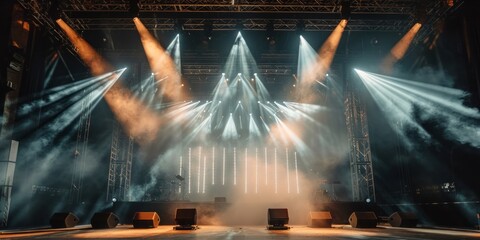 Empty concert stage with dynamic lighting and smoke effects.