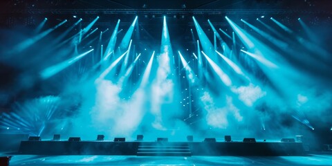 Empty concert stage with dynamic lighting and smoke effects. - obrazy, fototapety, plakaty