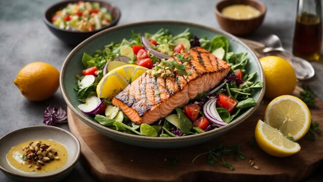 Platillo de Salm&oacute;n sobre ensaladas con trozos de lim&oacute;n, lechuga, otros