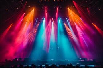 Concert stage lit with colorful spotlights and beams against a dark backdrop.