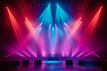 Concert stage lit with colorful spotlights and beams against a dark backdrop.