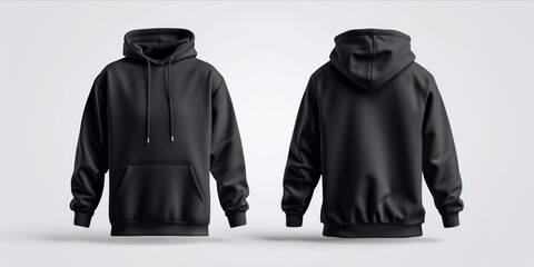 Front and back view of a black hoodie on a white background.