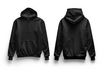 Front and back view of a black hoodie on a white background.